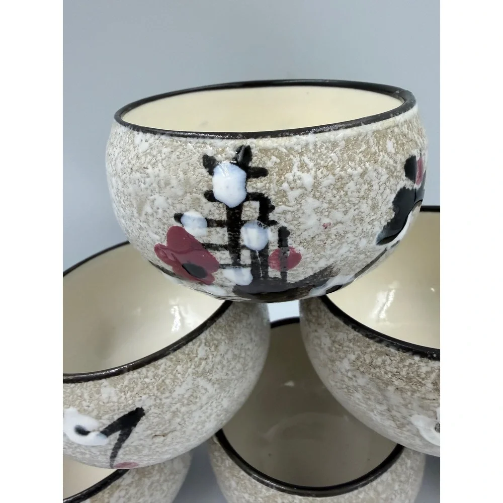 Set of 6 Hand Painted Ceramic Tea Cups Oatmeal Speckled Floral Asian Teaware